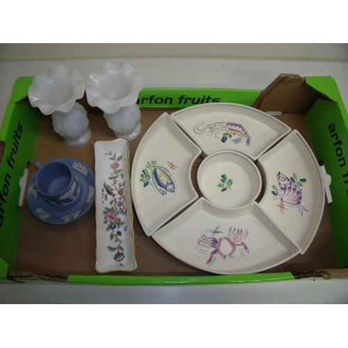 93 - Poole Pottery five piece Hors d'oeuvre dish set with artist mark for Aua, a Ainsley dish, pair of op... 