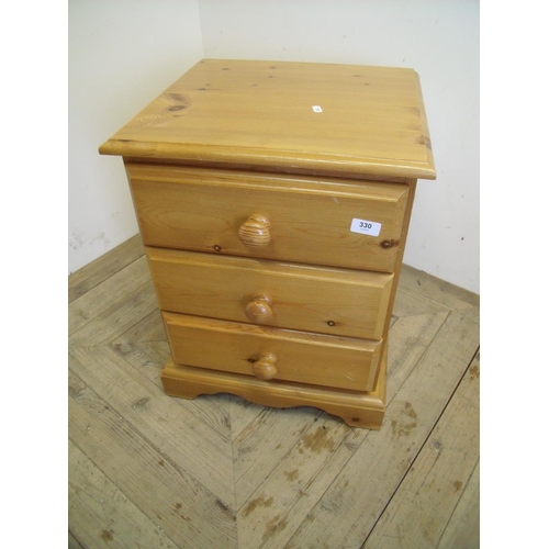 382 - Modern pine three drawer bedside chest (44cm x 41cm x 57cm)