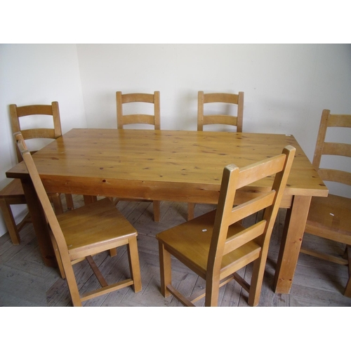 387 - Modern pine farmhouse style kitchen table on square supports and a set of six ladder back chairs wit... 