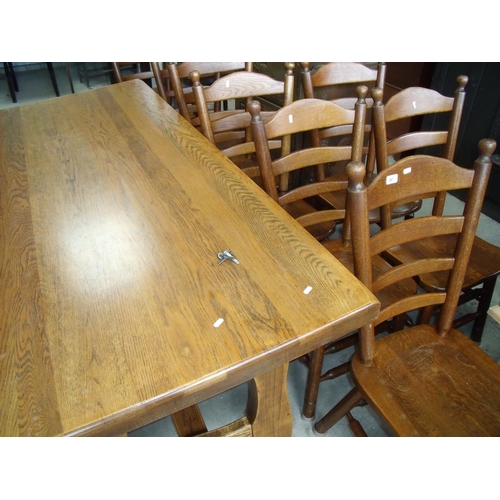 389 - Large Dutch style oak refectory and a set of eight ladder back chairs (table 209cm x 90cm)