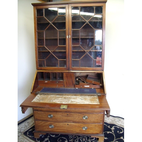 390 - 19th C mahogany bureau bookcase with two upper glazed doors above fall front revealing fitted interi... 