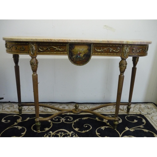 406 - Modern reproduction country house French style walnut D shaped marble top side table with gilt metal... 