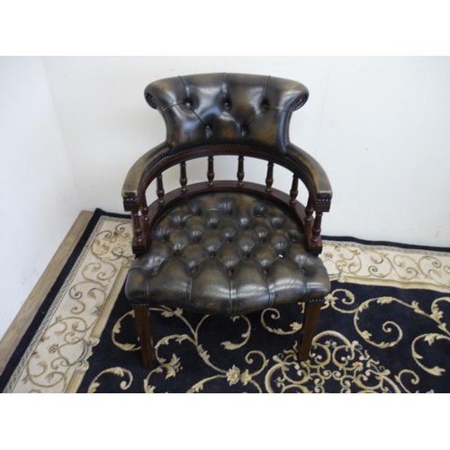 407 - Modern Chesterfield style leather mahogany framed armchair on square tapering supports