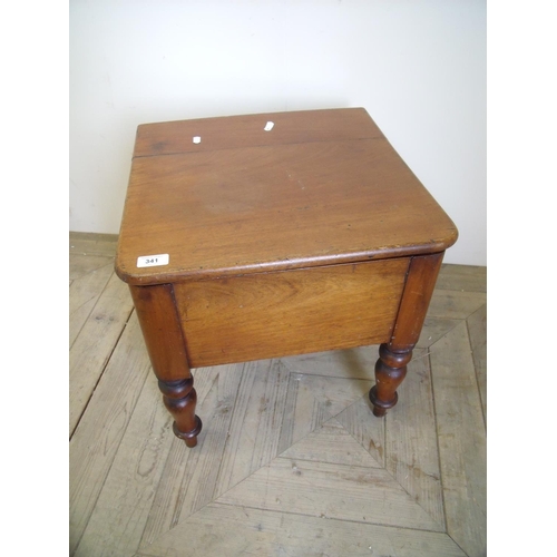 410 - Victorian mahogany commode stool with square lift up top on turned supports (45cm x 45cm x 46cm)