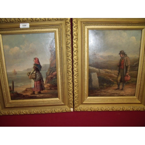 13 - Pair of 19th C oils on board, a fisher girl on coastline and traveller in country setting (22cm x 30... 