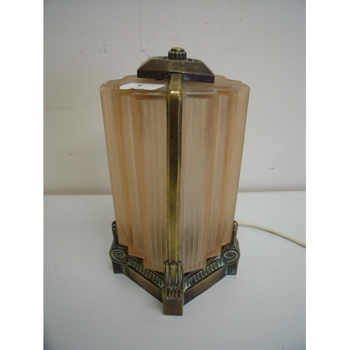 1 - Early 20th C Art Deco brass mounted table lamp with two sectional frosted rose glass shade, reputabl... 