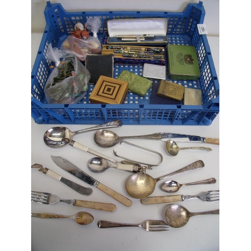 102 - various assorted plated cutlery, cased pen set, straw work box, various compacts, cigarette cases, c... 