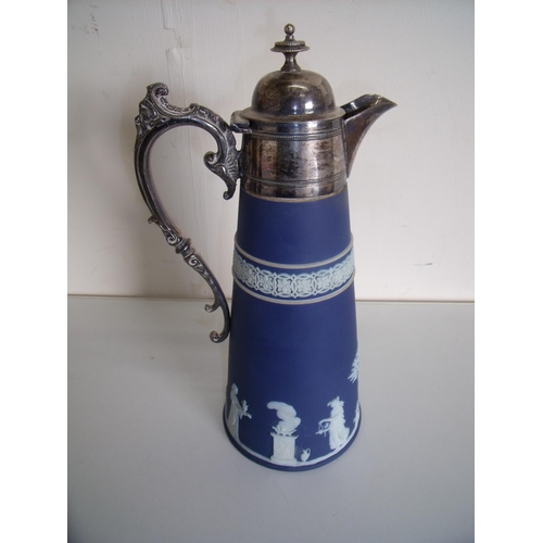 116 - Wedgwood Blue Jasperware claret style jug with silver plated top and loop handle with hinged cover, ... 