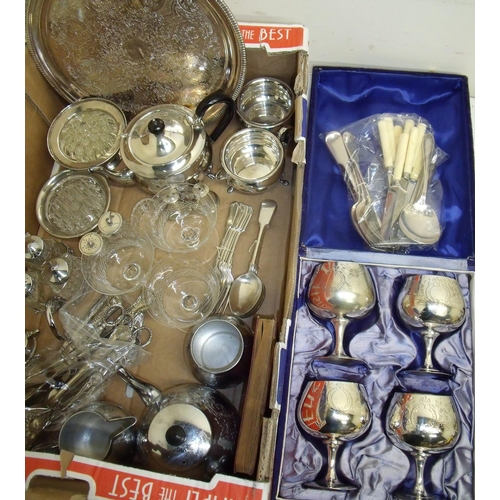 28 - Small silver plated tea set, various cruets, set of four silver plated goblets (boxed), Kings patter... 