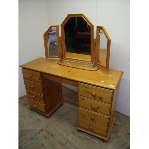 369 - Pine twin pedestal dressing chest with free standing mirror and four drawers to each pedestal (width... 