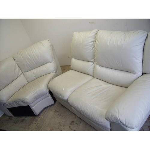 371 - White leather two sectional corner sofa with single recliner