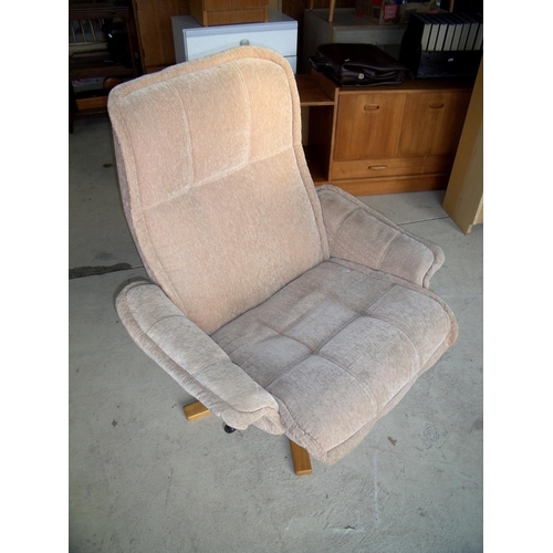 393 - Beige coloured easy swivel chair on lightwood base