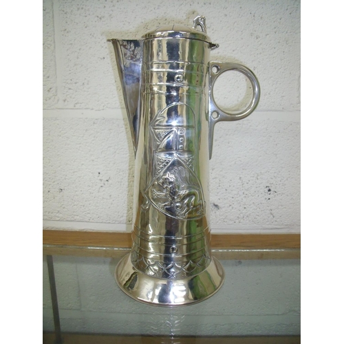 4 - Larges silver plated WMF flagon with hinged lid and circular loop handle, embossed with crest on fla... 