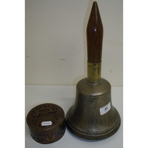 45 - Large brass hand bell with turned wood handle marked J2 and a copper circular box (2)