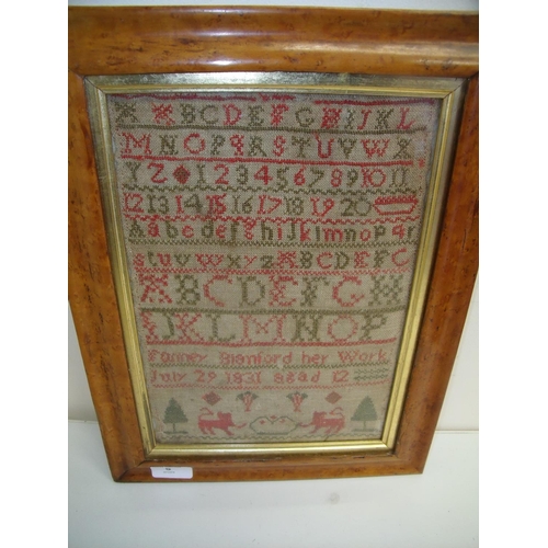 5 - 19th C needlework sampler in birdseye maple frame with gilt slip dated July 29 1831(30cm x 39cm incl... 