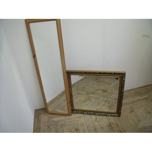 64 - Modern gilt framed bevelled edged wall mirror (97cm x 66cm) and a pine framed rectangular wall mirro... 