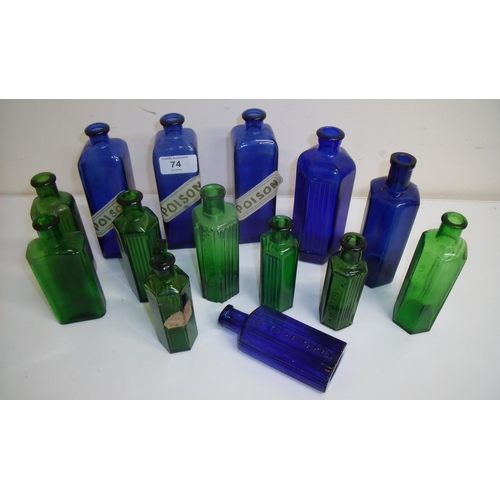 74 - Three matching bottles by Sandra Rich with paper poison labels and various other blue and green pois... 