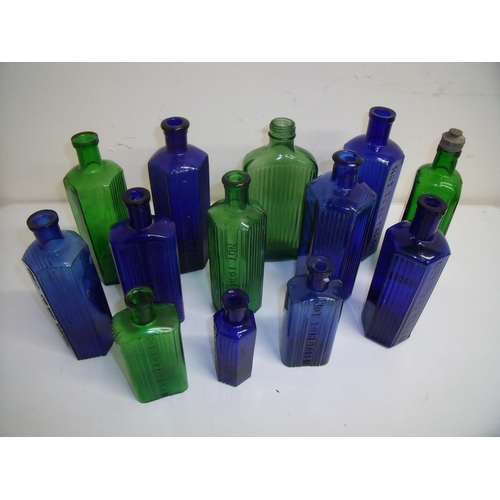 75 - Various cobalt blue and emerald green poison bottles