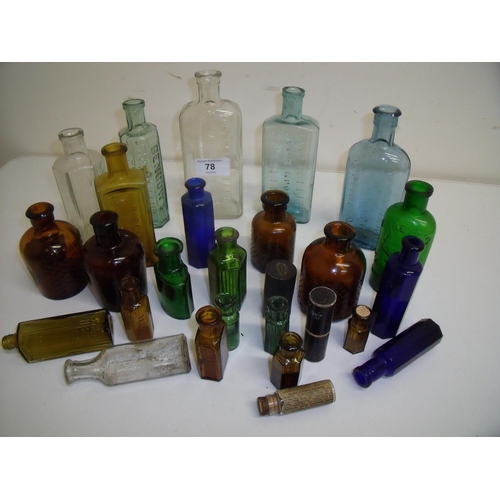 78 - Various coloured and clear glass poison and chemist bottles, some labelled