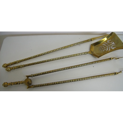 8 - Set of early 20th C brass fire irons with rope twist column detail, comprising of tongs, poker and s... 