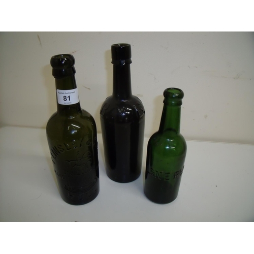 81 - L & NER green glass bottle, a T Lindsley & Co Hull glass bottle and a B.Y.B. glass bottle