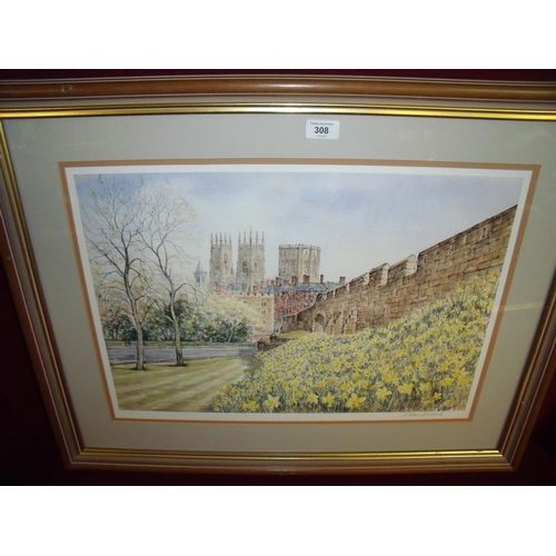 56 - Signed print of York Minister & Walls by Alan Stuttle  (57cm x 40cm)