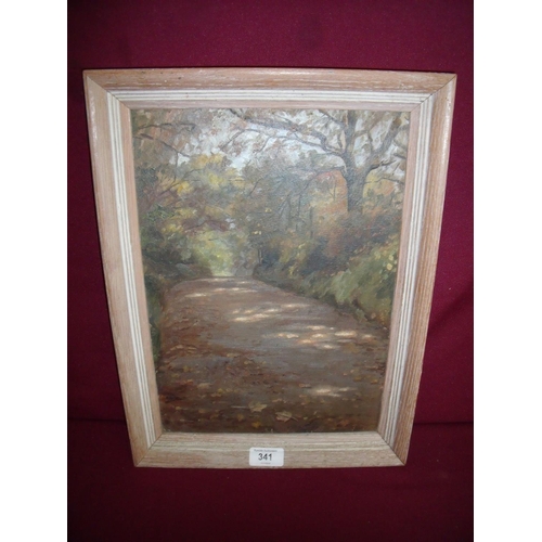 52 - 20th C oil on board of a country lane in sunlight (24cm x 34cm), possibly by Edith Whitlow, unsigned
