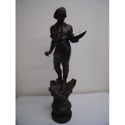 36 - 19th/20th C French style spelter figure of a shipwright on turned ebonised wood base (64cm high)