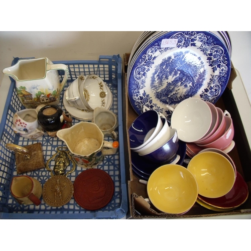 91 - Harlequin type tea ware, blue & white seals and miscellanea in two boxes