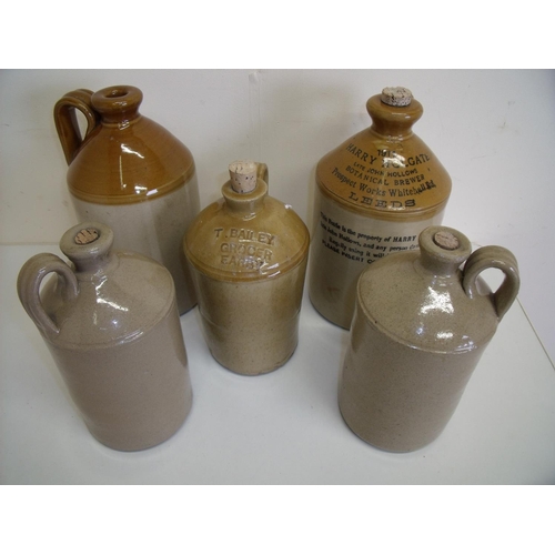 117 - Collection of five Stoneware flagons including T. Bailey Grocer Aarby and Harry Holgate Leeds