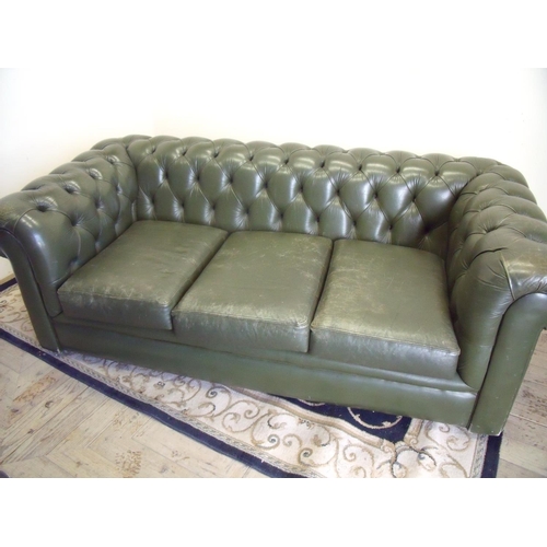 327 - Green leather three seat Chesterfield sofa (width 180cm)