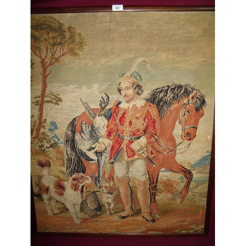 12 - 19th C wool work tapestry of a hunter and horse (74cm x 90cm)