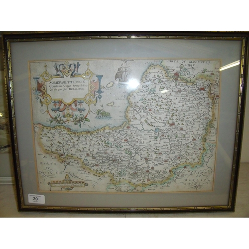 20 - Framed and mounted coloured map of Somerset by Kip & Hole circa 1637 marked William Kip Sculp (39cm ... 