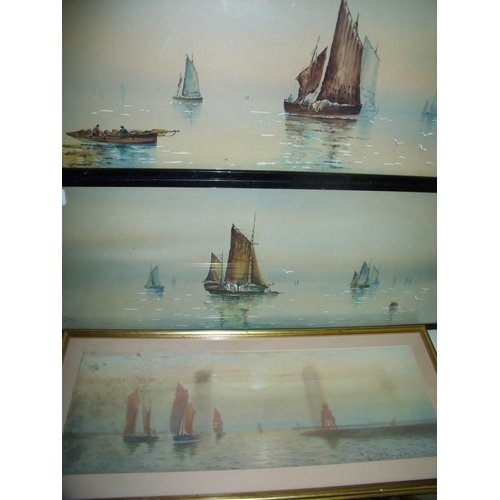 236 - Pair of early 20th C watercolours of fishing boats in calm waters by Becker and another early 19th C... 