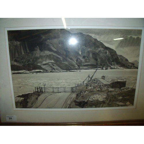 24 - Framed and mounted pen & ink drawing of coastal scene (62cm x 43cm)