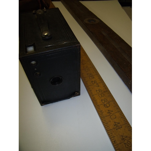 58 - J. Rabone & Sons of Birmingham boxwood 48 inch ruler No. 1136, vintage spirit level and a canvas cas... 