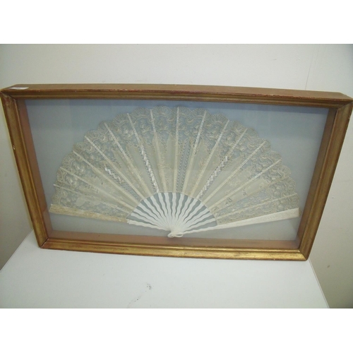 99 - Gilt framed and mounted 19th/20th C Chinese silk work fan with carved ivory spines (73cm x 43cm x 7c... 