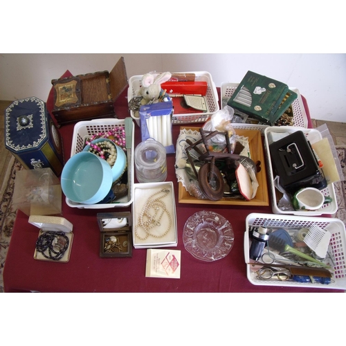 109 - Selection of various assorted costume jewellery, decorative items, miniature spinning wheel and othe... 