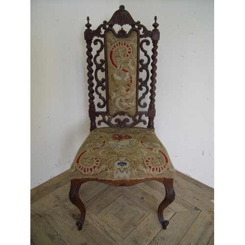 277 - Victorian rosewood chair with wool work upholstered seat and back panel, with barley twist column su... 
