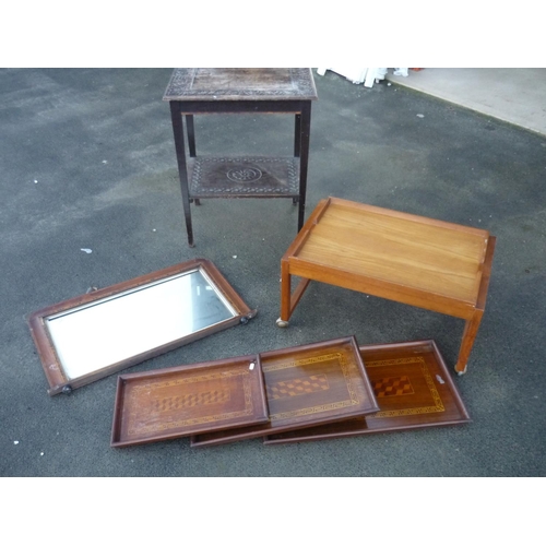 269 - Walnut and Tunbridge ware over mantel mirror, a carved oak two tier occasional table, a set of three... 