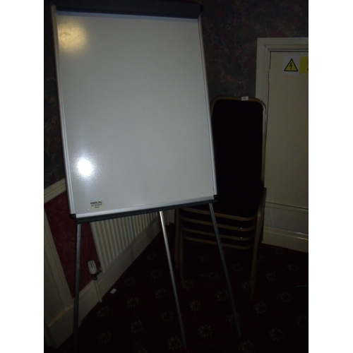 105 - Four stacking chairs, white board, clothes rail, projector screen etc