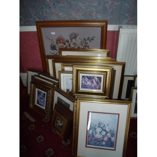 115 - Extremely large selection of framed prints, pictures etc of various subjects including wool work, la... 