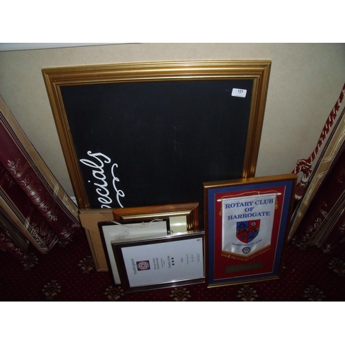 121 - Black board, various notice boards, framed notices, a framed & mounted Rotary Club of Harrogate Penn... 