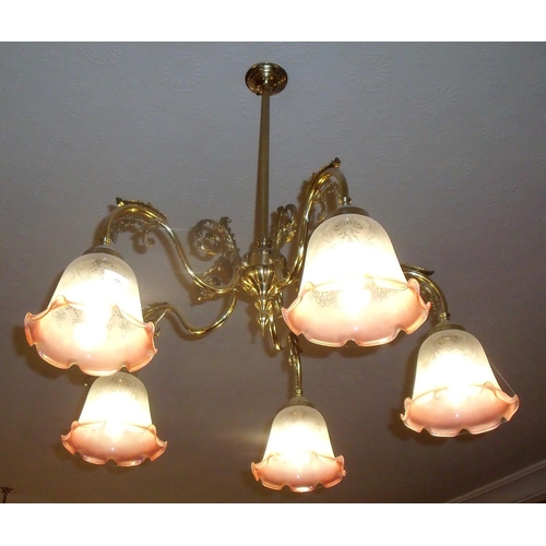 66 - Pair of brass five branch centre light fittings with shades