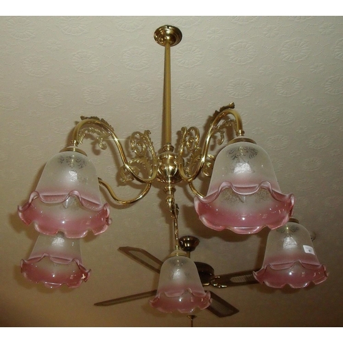 67 - Pair of brass five branch centre light fittings with shades