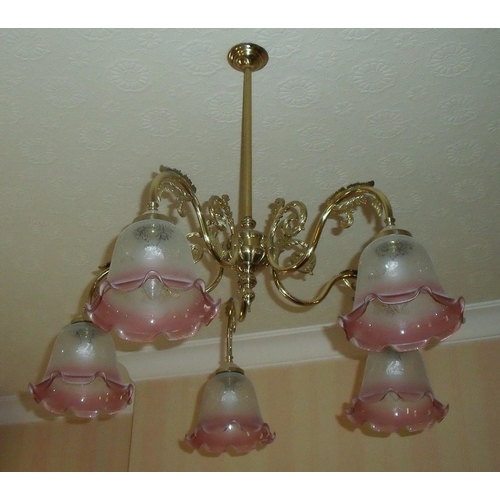 68 - Pair of brass five branch centre light fittings with shades