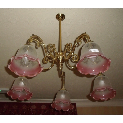 69 - Pair of brass five branch centre light fittings with shades