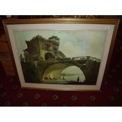 85 - Very large gilt framed and mounted print of classical landscape scene (112cm x 90cm)