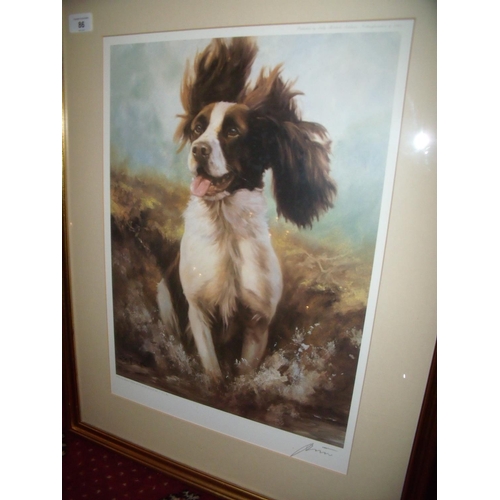 86 - Framed and mounted signed John Trickett print No. 80/850 depicting spaniel (55cm x 69cm)