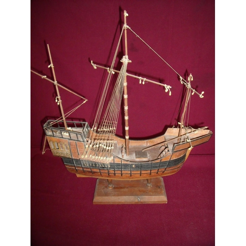 184 - Wooden crafted model of a Galley Ship on wooden stand